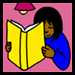 A children's free educational activity from Baby Bird Productions. Symbol for an educational activity about reading and writing skills. A child reads.