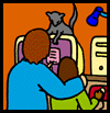 Children's stories and fairy tales from Baby Bird Productions. Illustration. A parent and child work at a computer, as a cat looks on.