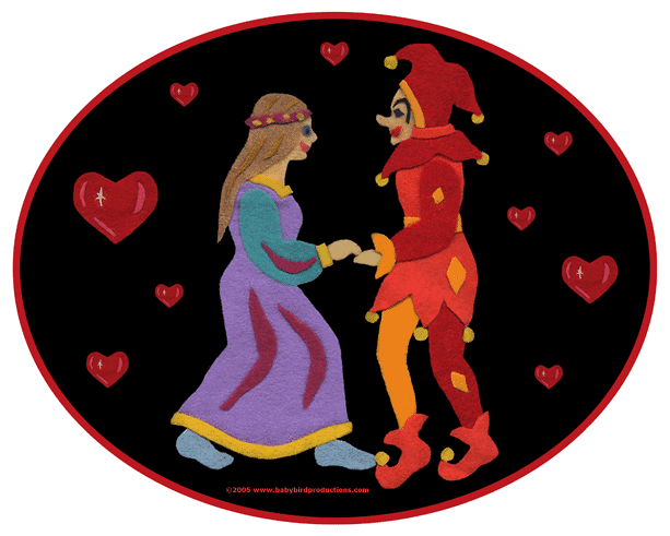 This romantic lady and jester picture, for Valentine's Day, appears on children's clothes and gifts.