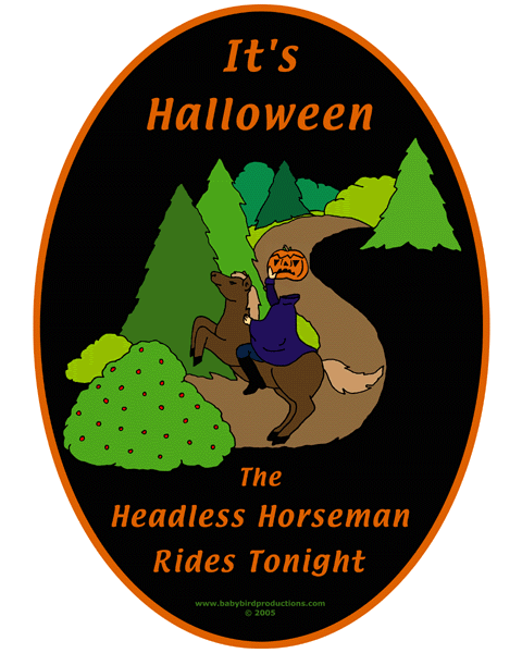This Headless Horseman picture appears on children's clothing and Halloween gifts.