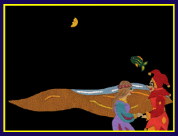 Children's stories mini art sample from a children's story. The Lady and the Jester hold hands while fish jump out of and into the water in the background.