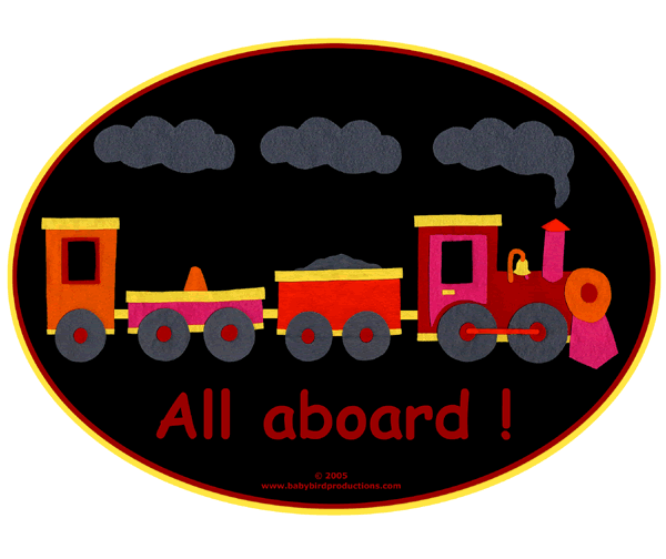 This train picture saying ALL ABOARD comes on baby clothes, children's clothing and gift items.